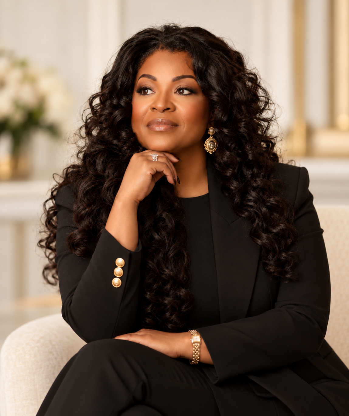 Prophet Ericka Michelle seated in a black suit